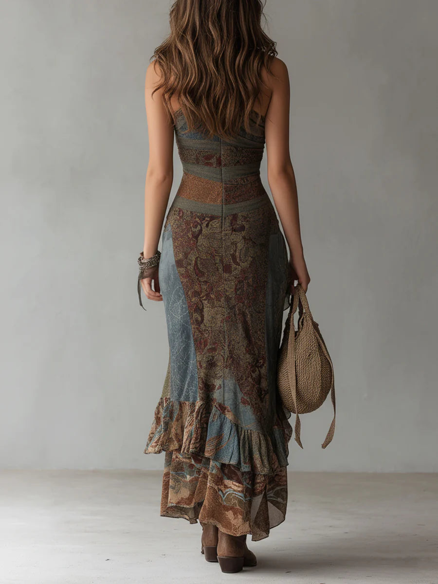 Elena | Robe longue imprimée asymétrique à volants et fente