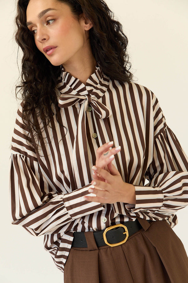 Chemise rayée à nœud col marron
