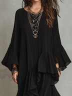 Élégante robe midi asymétrique bohème noire plissée