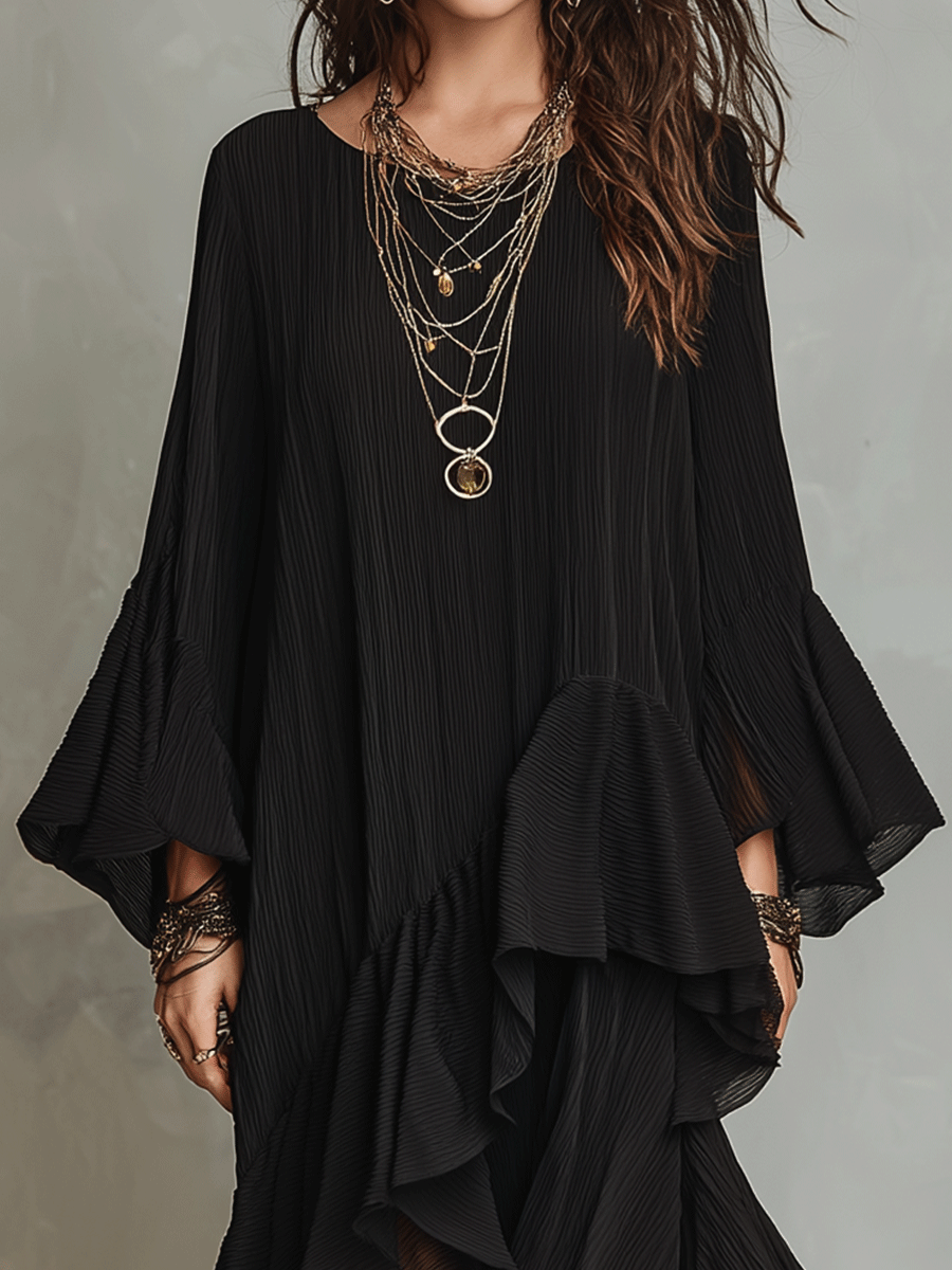 Élégante robe midi asymétrique bohème noire plissée