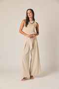 Pantalon large à rayures beige avec lien