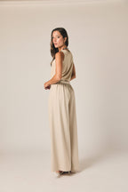 Pantalon large à rayures beige avec lien