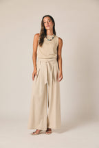 Pantalon large à rayures beige avec lien