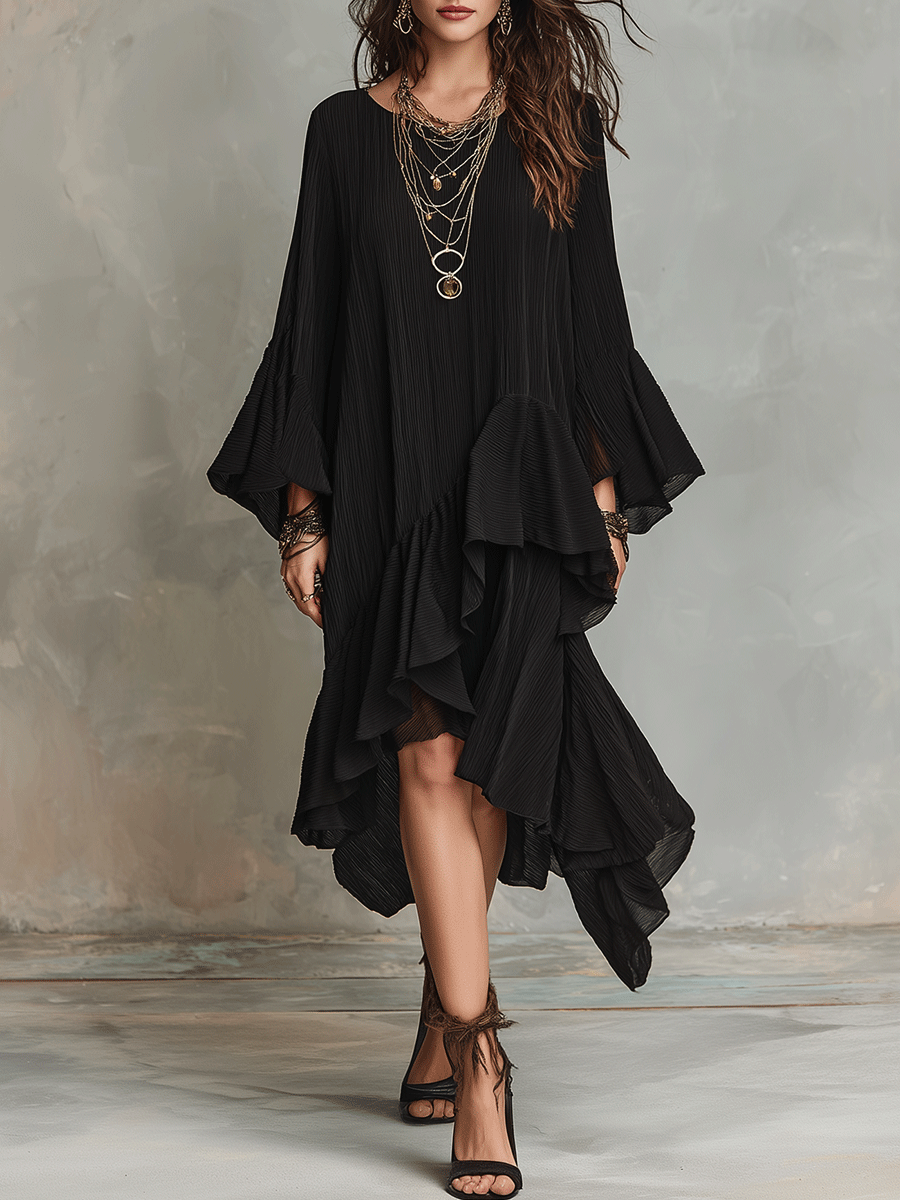 Élégante robe midi asymétrique bohème noire plissée