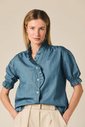 Chemise chambray à manches courtes et volants bleu