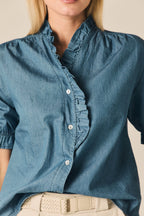 Chemise chambray à manches courtes et volants bleu