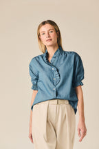 Chemise chambray à manches courtes et volants bleu