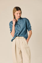 Chemise chambray à manches courtes et volants bleu