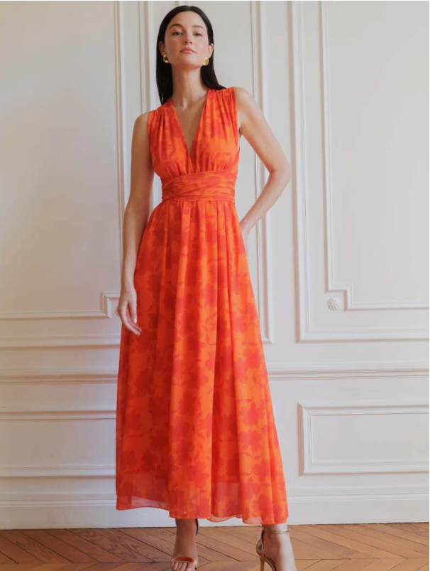 Robe longue orange florale multi-positions