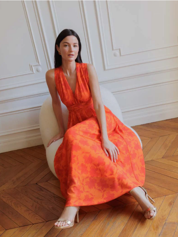 Robe longue orange florale multi-positions