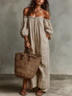 Carmen | Robe longue en coton et lin à épaules dénudées