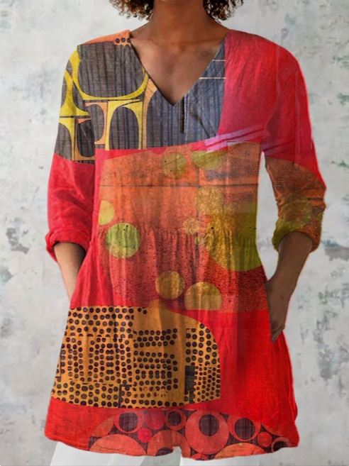 Blouse longue Lucie col en V – Imprimé ethnique rouge
