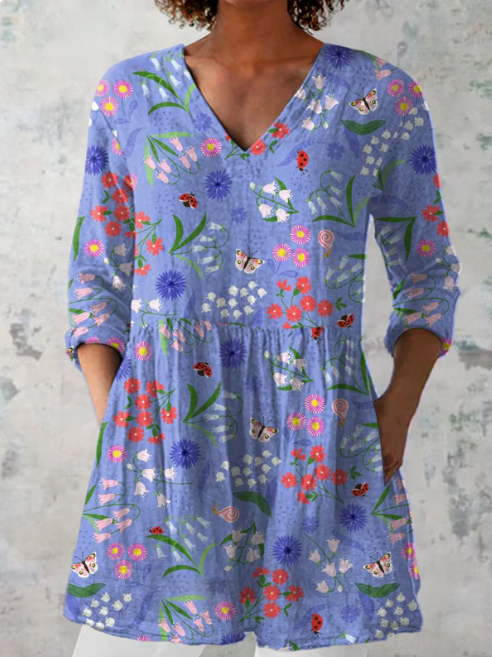 Blouse longue coupe A col V - Imprimé floral violet