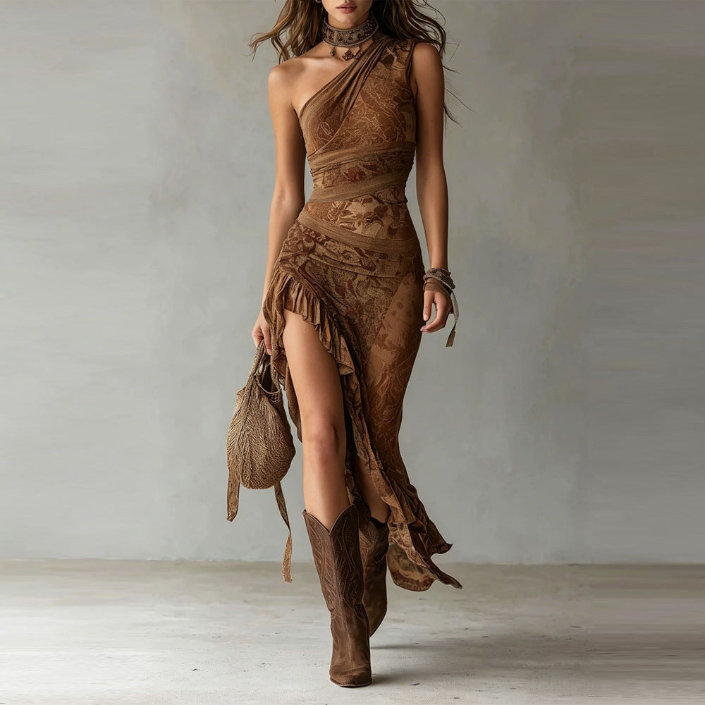 Elena | Robe longue imprimée asymétrique à volants et fente