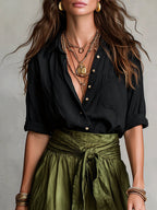 Ensemble deux pièces : top noir et jupe midi vert olive