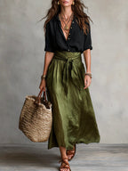 Ensemble deux pièces : top noir et jupe midi vert olive