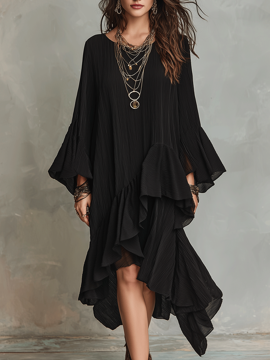 Élégante robe midi asymétrique bohème noire plissée