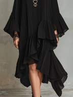 Élégante robe midi asymétrique bohème noire plissée