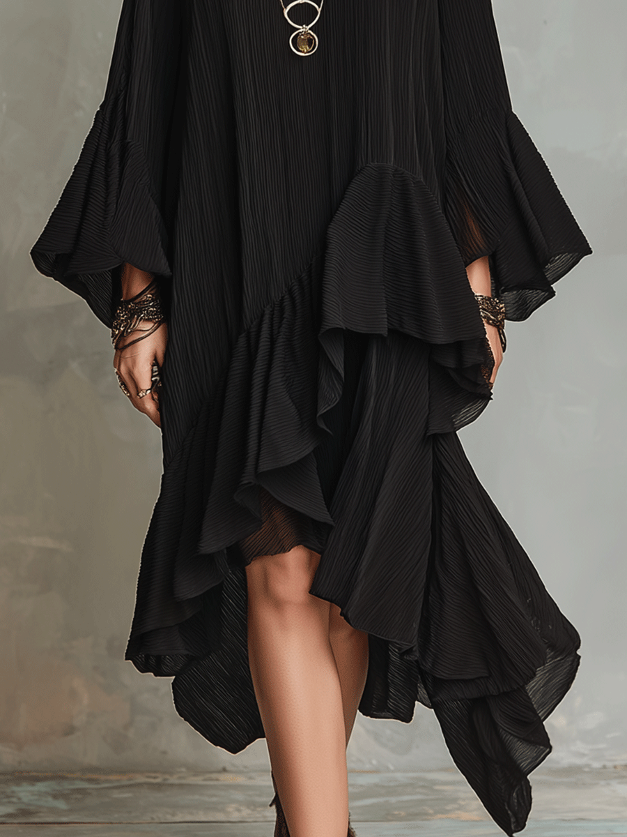 Élégante robe midi asymétrique bohème noire plissée